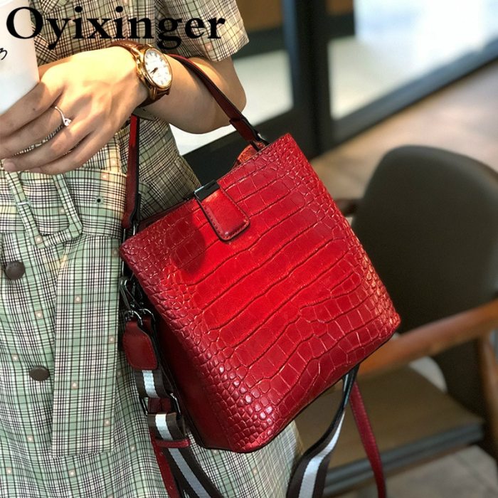 Oyixinger Bags For Women 2020 New Crocodile Pattern Handbags Cowhide Leather Shoulder Bag Female Fashion Solid Bucket Women Bag