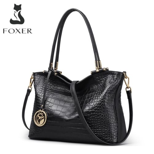 FOXER Women Genuine Leather Handbag Crocodile Pattern Shoulder Bag Lady Fall Winter Bag High Quality Female Commuter Style Tote