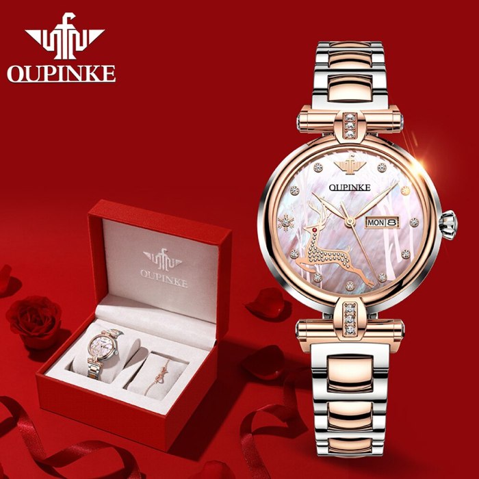 OUPINKE Automatic watches for Women Classic 3D deer luxury Mechanical Sapphire Crystal Rose Gold ladies watch Montre femme 3180
