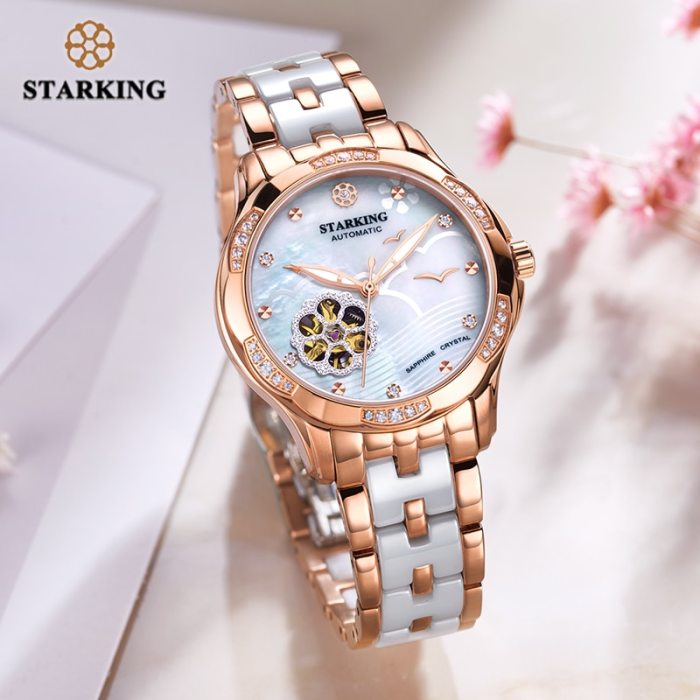 STARKING 34mm Automatic Watch Rose Gold Steel Case Vogue Dress Watches Skeleton Transparent Watch Women Mechanical Wristwatches