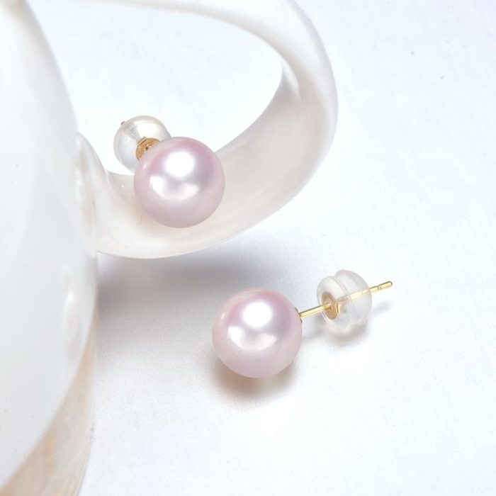 [YS] 18k Gold Stud Earring 6-9 mm White Japanese Akoya Pearl Earrings Bridal Fine Jewelry