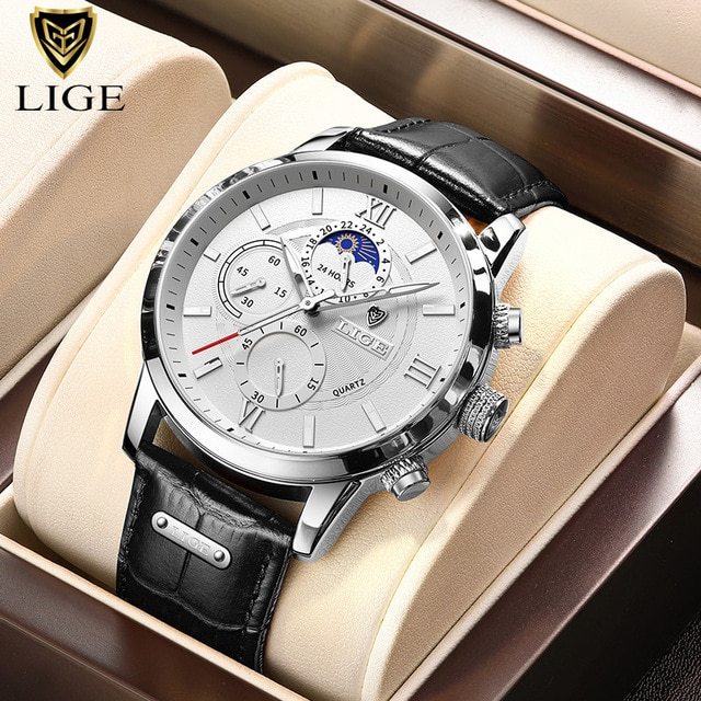 2021 LIGE Watches Mens Top Brand Luxury Clock Casual Leathe 24Hour Moon Phase Men Watch Sport Waterproof Quartz Chronograph+Box
