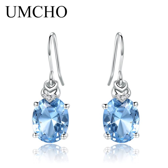 UMCHO Nano Blue Topaz Gemstone Earrings for Women 925 Sterling Silver Korean Drop Earrings Girls Trend Fashion Party Jewelry New