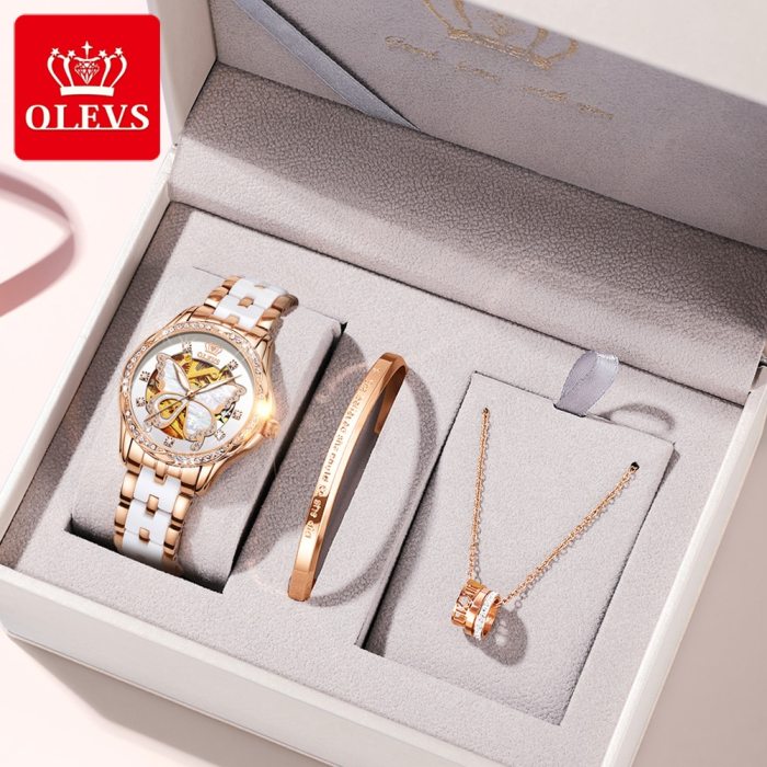 Olevs women's automatic mechanical Waterproof watch Swiss top brand luxury Diamond inlaid rose gold ceramic watch women's gift