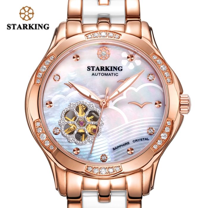 STARKING 34mm Automatic Watch Rose Gold Steel Case Vogue Dress Watches Skeleton Transparent Watch Women Mechanical Wristwatches
