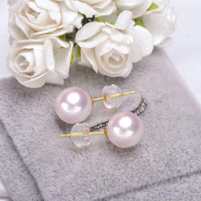 [YS] 18k Gold Stud Earring 6-9 mm White Japanese Akoya Pearl Earrings Bridal Fine Jewelry