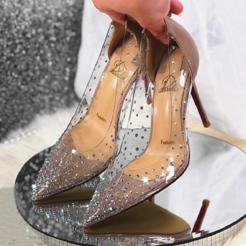 2022 autumn new fashion transparent high heels stiletto pointed rhinestone single shoes shallow mouth crystal wedding shoes