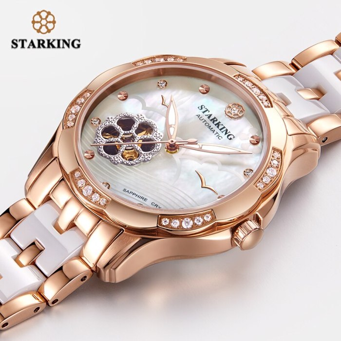 STARKING 34mm Automatic Watch Rose Gold Steel Case Vogue Dress Watches Skeleton Transparent Watch Women Mechanical Wristwatches