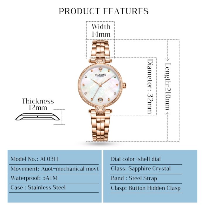 STARKING Luxury Women Watches Rose Gold Stainless Steel Diamond Ladies Watches Gift Automatic Mechanical montre femme Waterproof