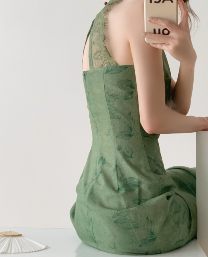 Retro white green modified new Chinese style cheongsam dress
