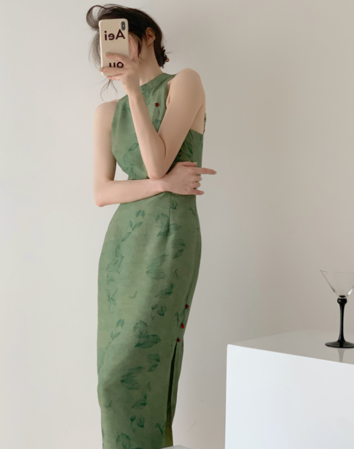 Retro white green modified new Chinese style cheongsam dress