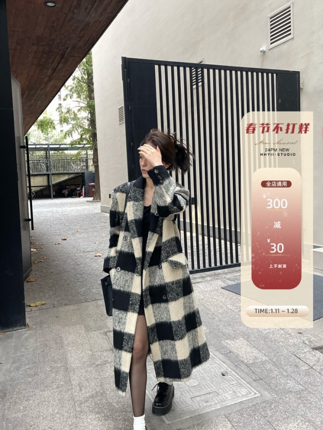 holiday plaid coat female autumn and winter Korean vintage clip cotton silhouette suit style woolen coat