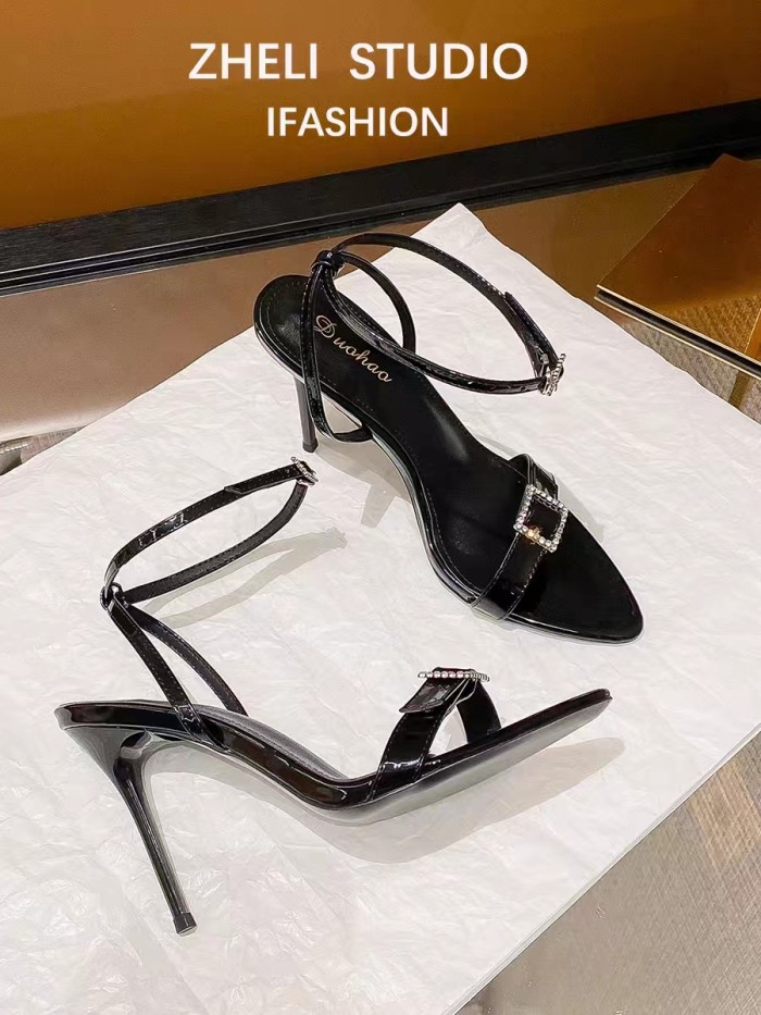 High heels women 2023 spring and summer new pointy thin heel rhinobasil buckle sexy open toe black one-line sandals