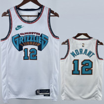 2024-25 Grizzlies MORANT #12 White Retro Top Quality Hot Pressing NBA Jersey