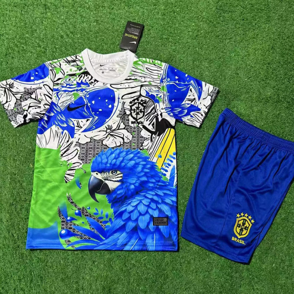 2025-26 Brazil Blue Special Edition Kids Soccer Jersey 鹦鹉