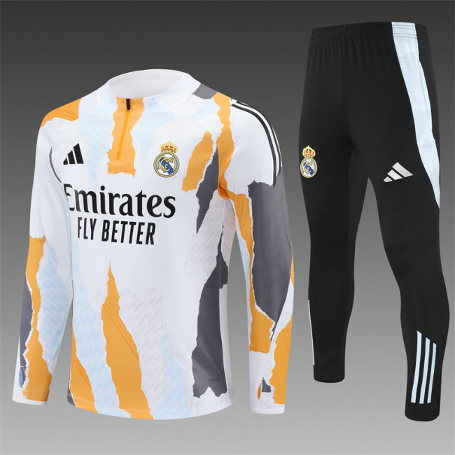 Real Madrid Tracksuit 24/25 Yellow With White Quater Zip Training Kit