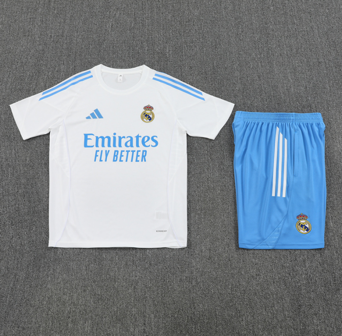 2526 Short sleeved Real Madrid White with light blue shorts training kit mens and kids