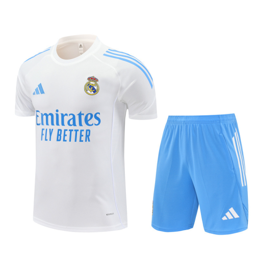 2526 Short sleeved Real Madrid White with light blue shorts training kit mens and kids